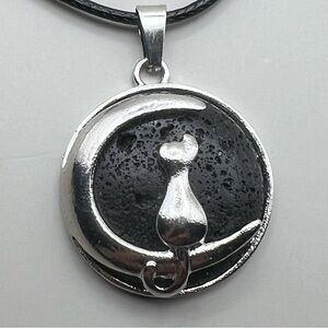 New Black Lava Stone Cat Moon Silver Tone Pendant Necklace with Cord